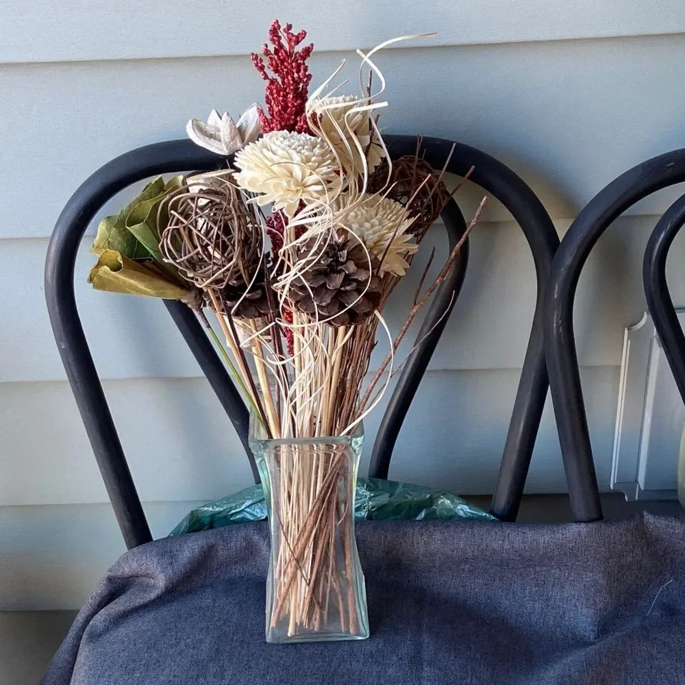 Chic Faux Floral Bouquet with Red and Cream Hues And Glass Vase